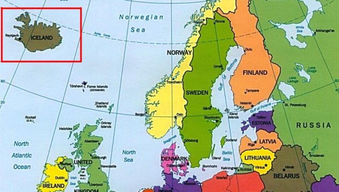 Iceland on a map of Europe