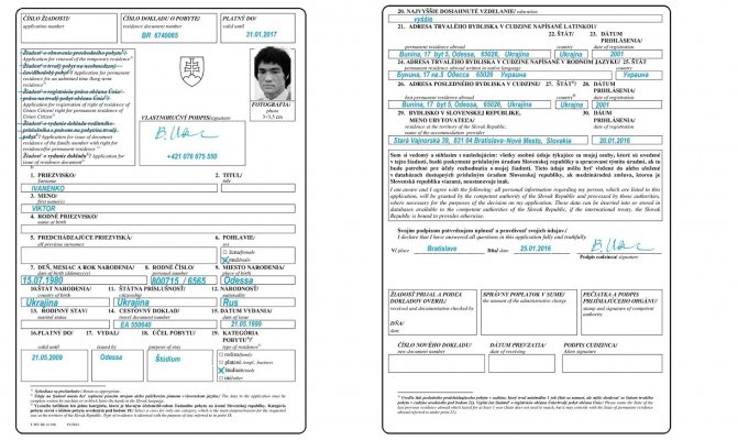 Example of an application for a residence permit in Slovakia