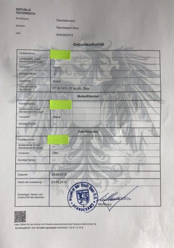 Birth certificate in Austria