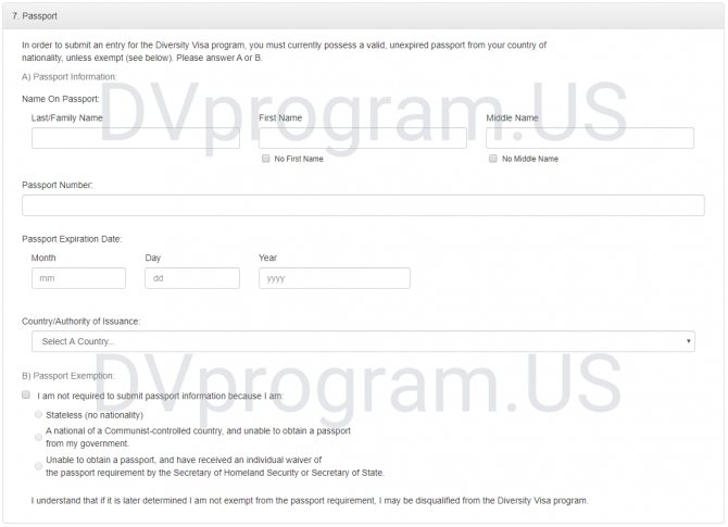 Filling out the DVprogram form, step 8 Passport details